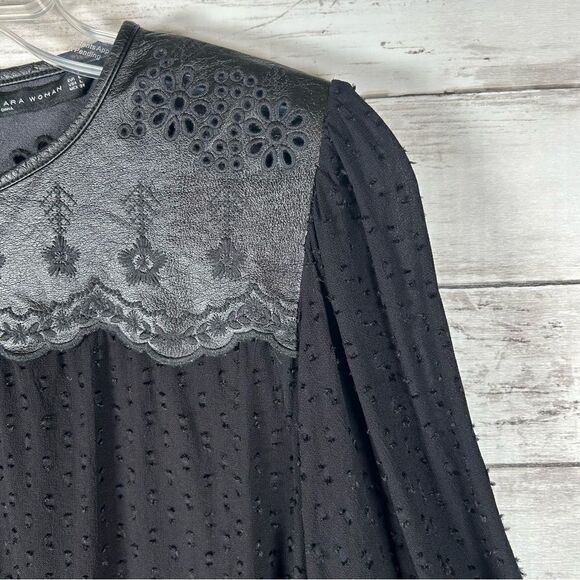 ZARA Faux Leather Embroidered Pindot Chiffon Black Cropped Top L - Picture 4 of 7